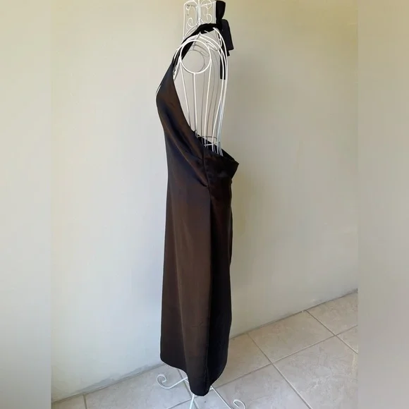 Jason Wu Satin Deep U Neck Halter Midi Dress back slit zip black size M - Picture 5 of 11